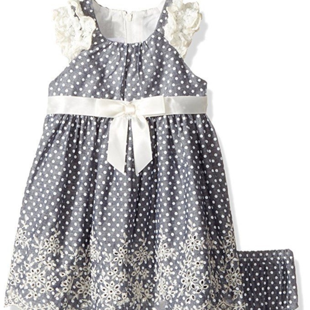 Bonnie Baby Chambray Polka Dot Eyelet Embroidered Dress Set 6-8 Mo